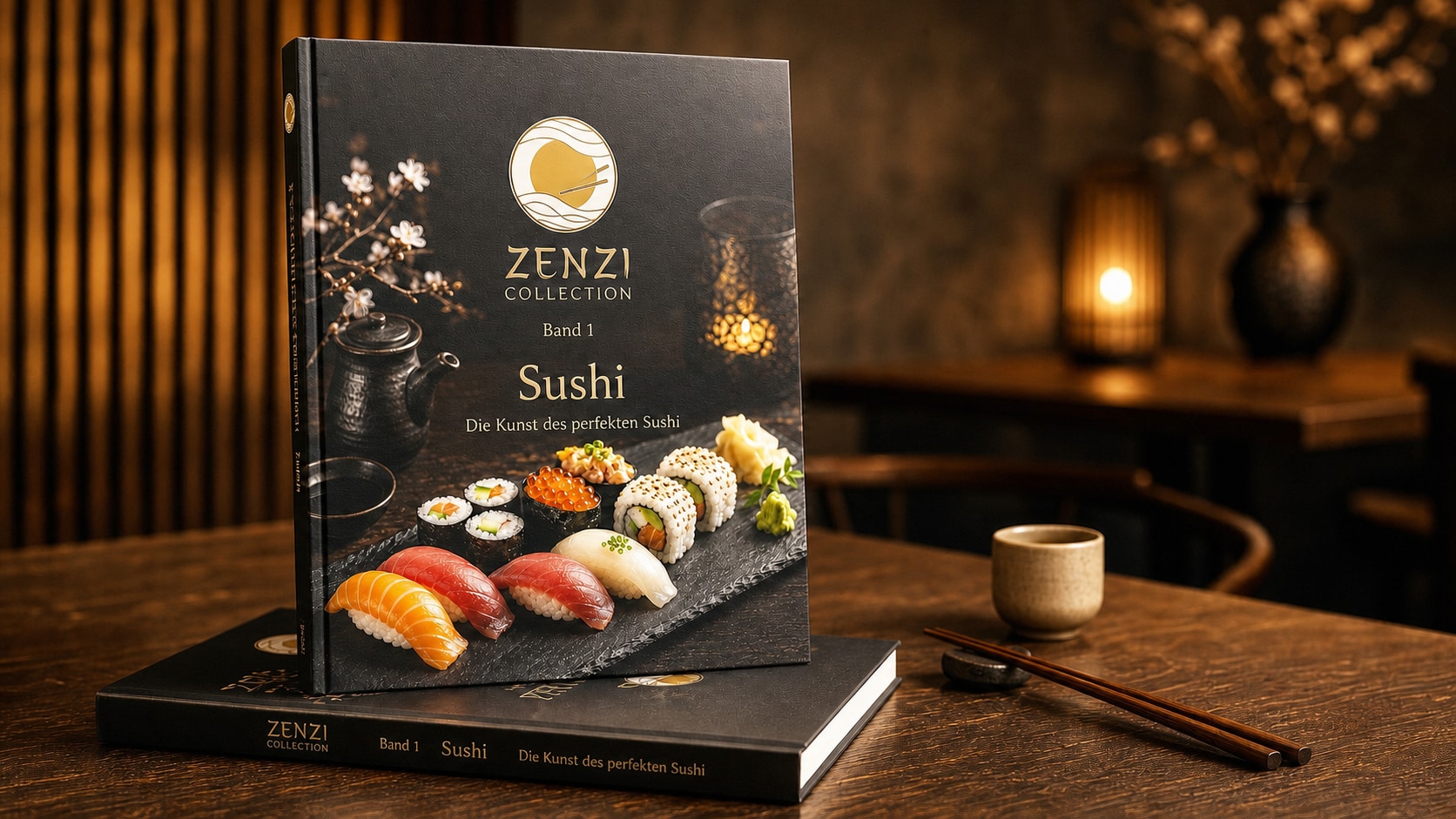 Mockup van het ZENZI boek Deel 1 Sushi op een warm verlichte houten tafel