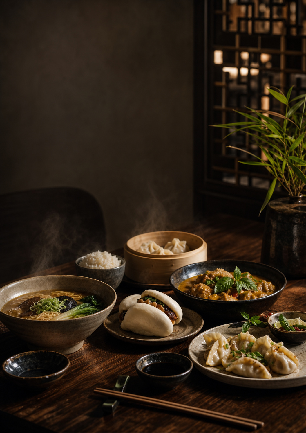 Asiatische Gerichte mit Ramen, Bao Buns, Curry und Gyoza auf einem gedeckten Tisch