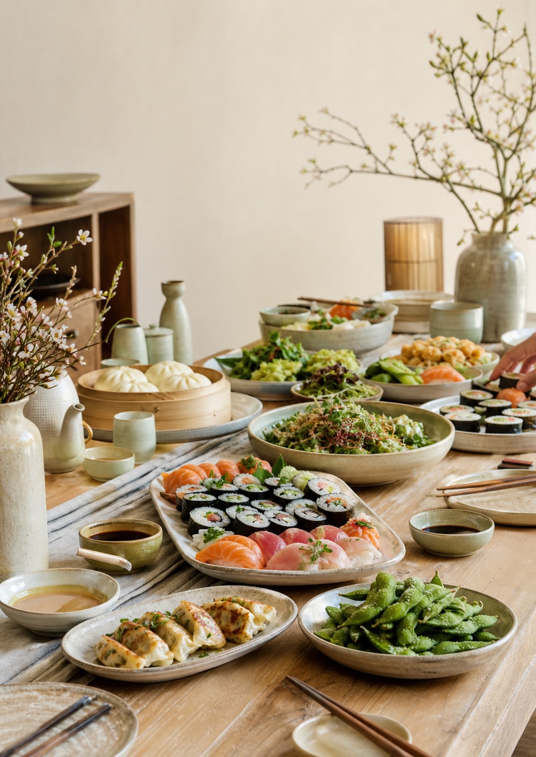 Heller Tisch mit Sushi, Gyoza, Edamame und asiatischen Gerichten