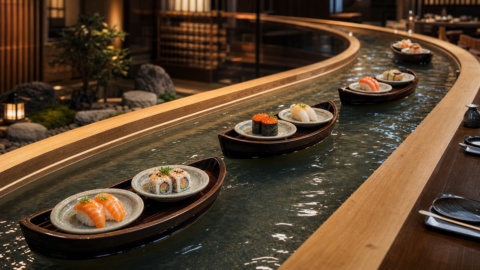 Running Sushi on a water band with small boats, maki sushi, nigiri sushi and desserts